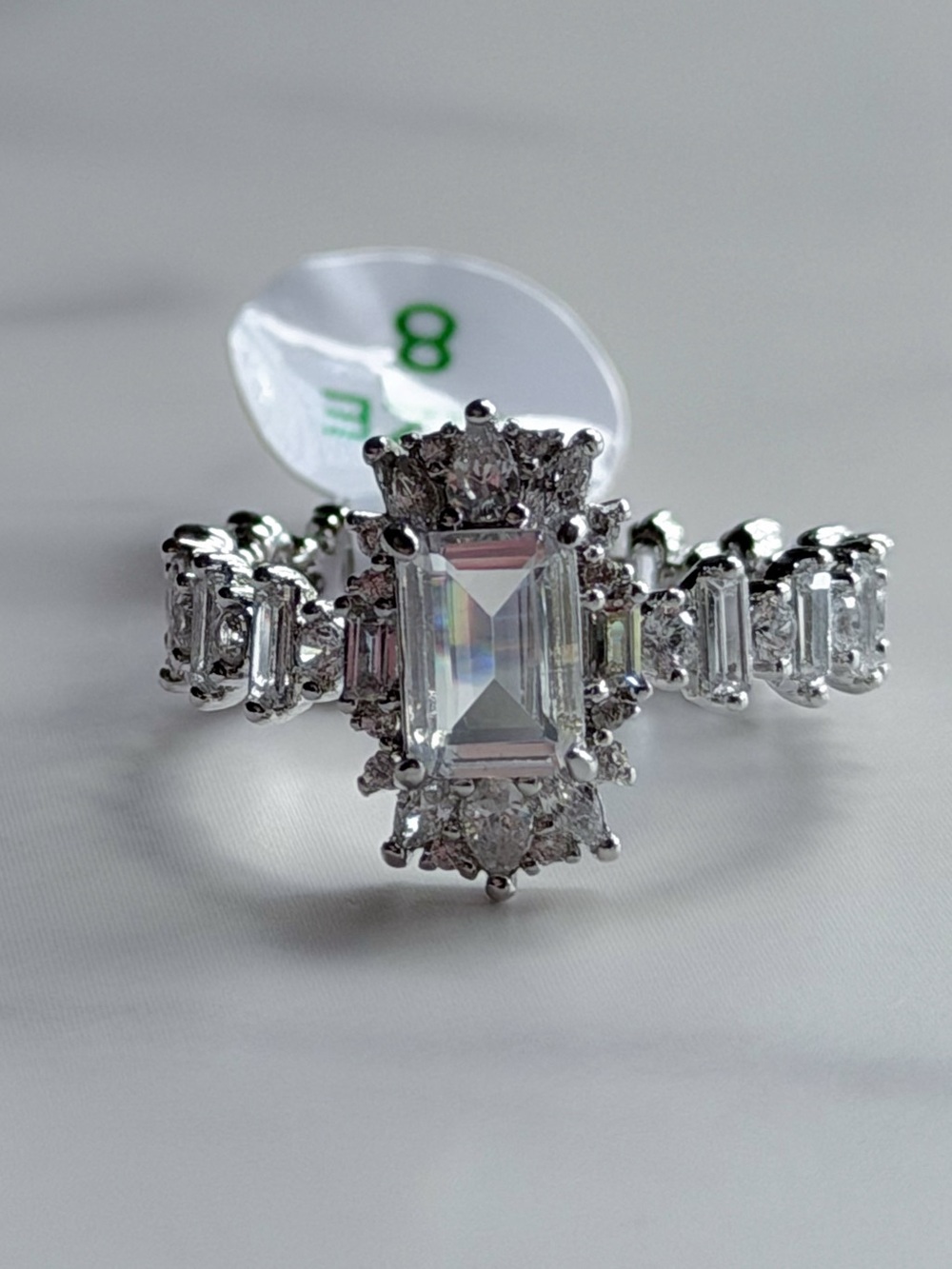 Bomb Party Emerald Cut CZ Halo Statement Eternity Ring Size 8 - Picture 4 of 6